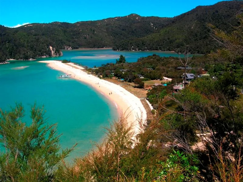 Torrent Bay’s sandspit and estuary seen from the forested hillside